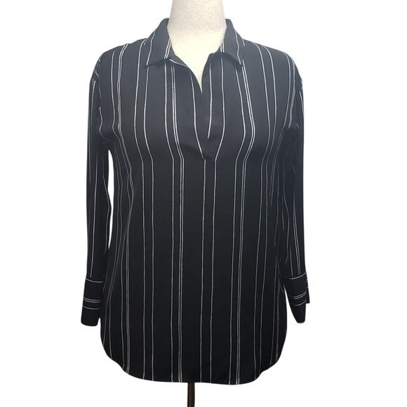 Ann Taylor Factory Women’s XS Black White Striped Oversized Blouse Split Neck - Picture 1 of 9